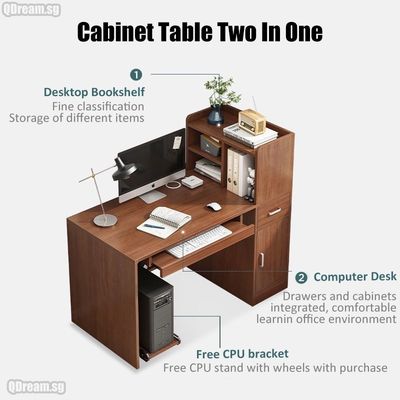 Minimalistischer Computertisch mit Bücherregal und Schubladen